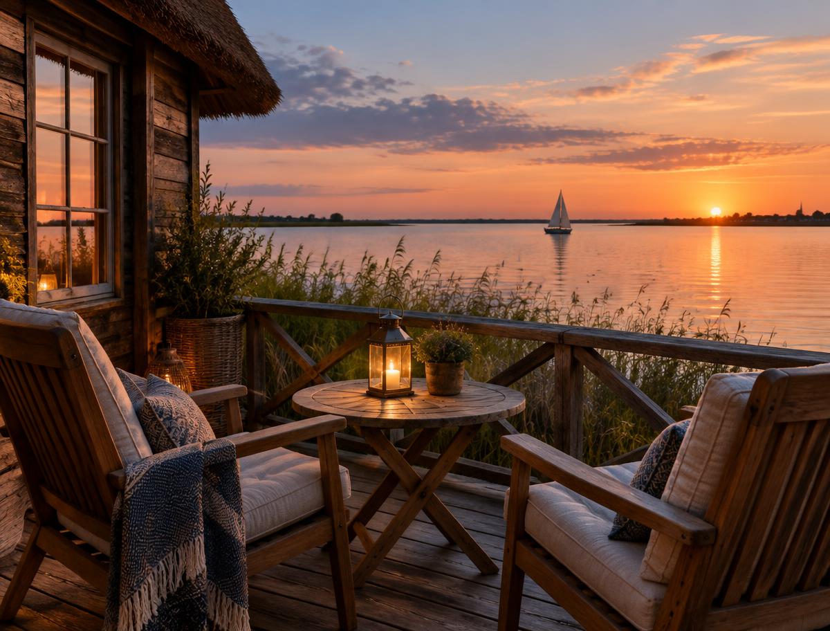 Houten terras met twee stoelen en een lantaarn aan een Fries meer bij zonsondergang, met een zeilboot in de verte.
