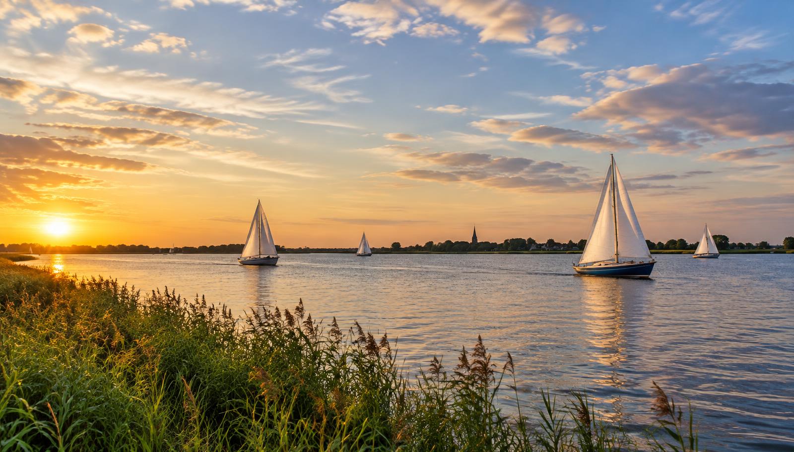 Zeilboten met witte zeilen op het Sneekermeer tijdens het gouden uur, met riet aan de oever en een kerktoren aan de horizon.
