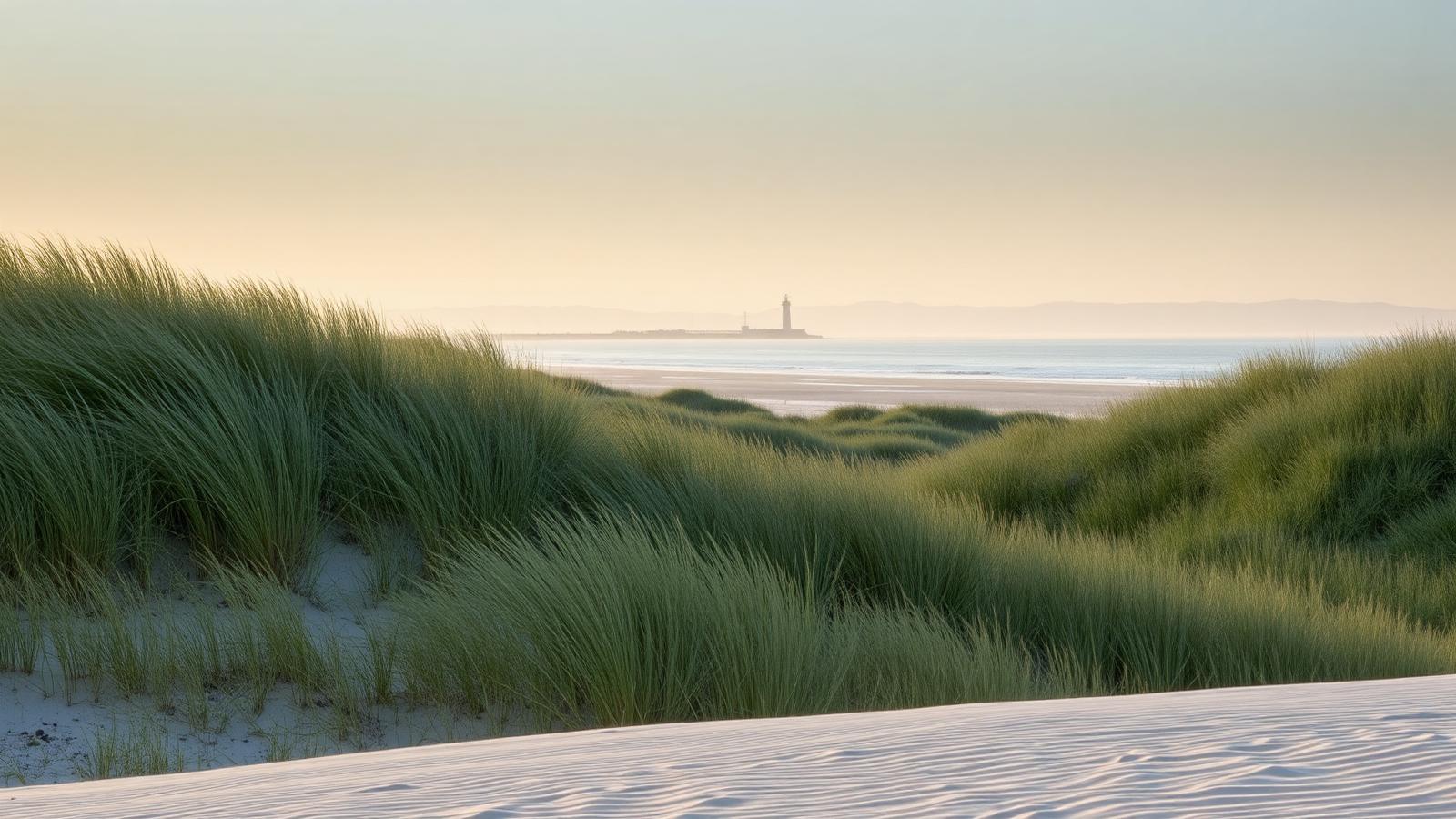 Golvende duinen met helmgras op Terschelling, met breed strand, Noordzee en een vuurtoren aan de horizon.