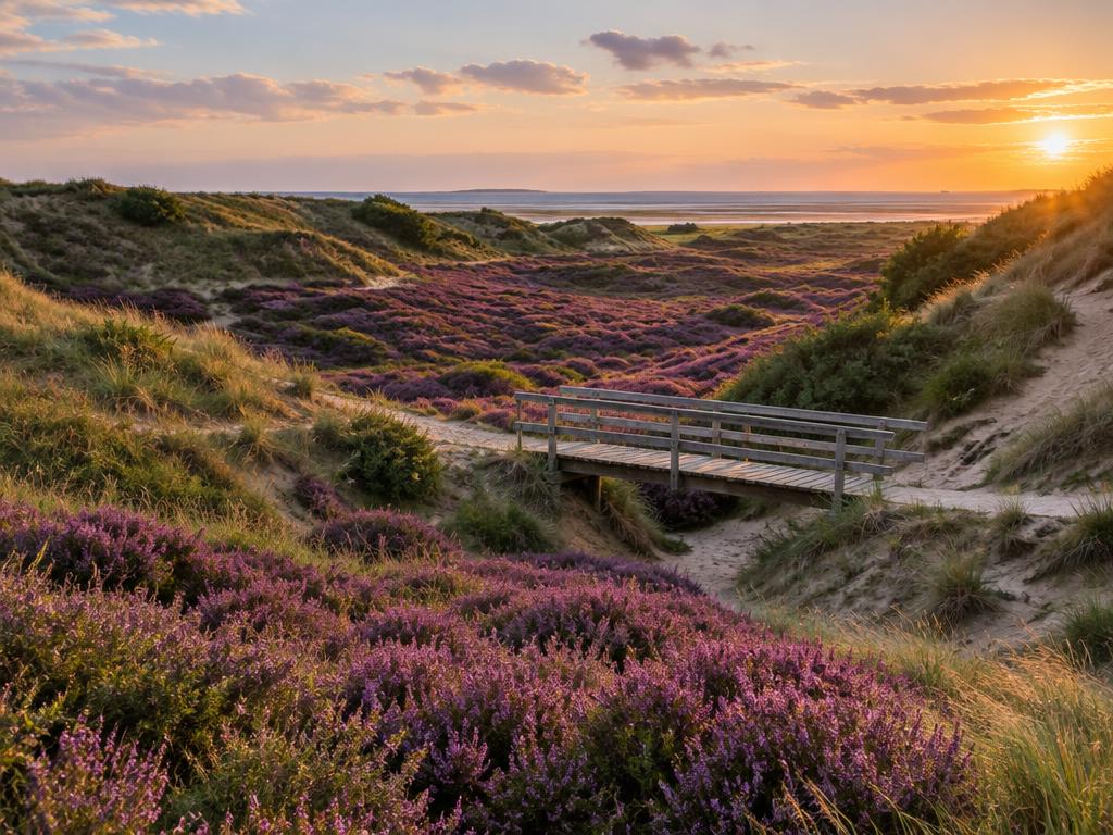 Duinvallei met bloeiende paarse heide en een houten bruggetje, met de ondergaande zon boven het wad.