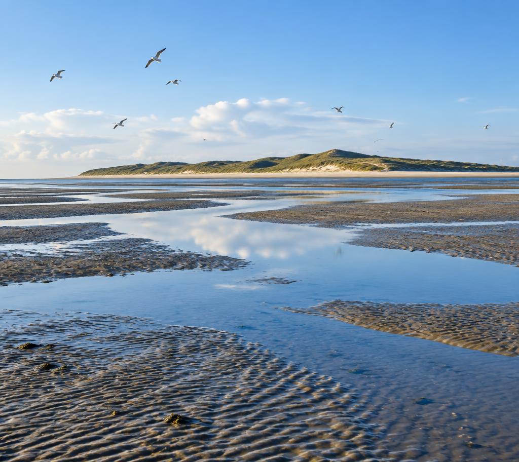 Wadplaten bij laag water met glinsterende geulen die de lucht weerspiegelen, met een duinrug en meeuwen op de achtergrond.