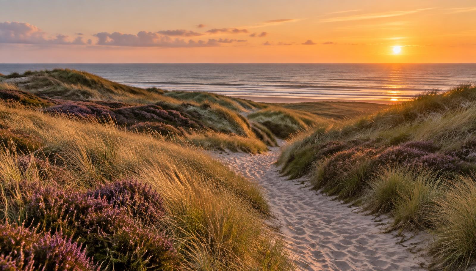 Zanderig duinpad tussen helmgras en paarse heide dat bij zonsondergang naar de Noordzee loopt.