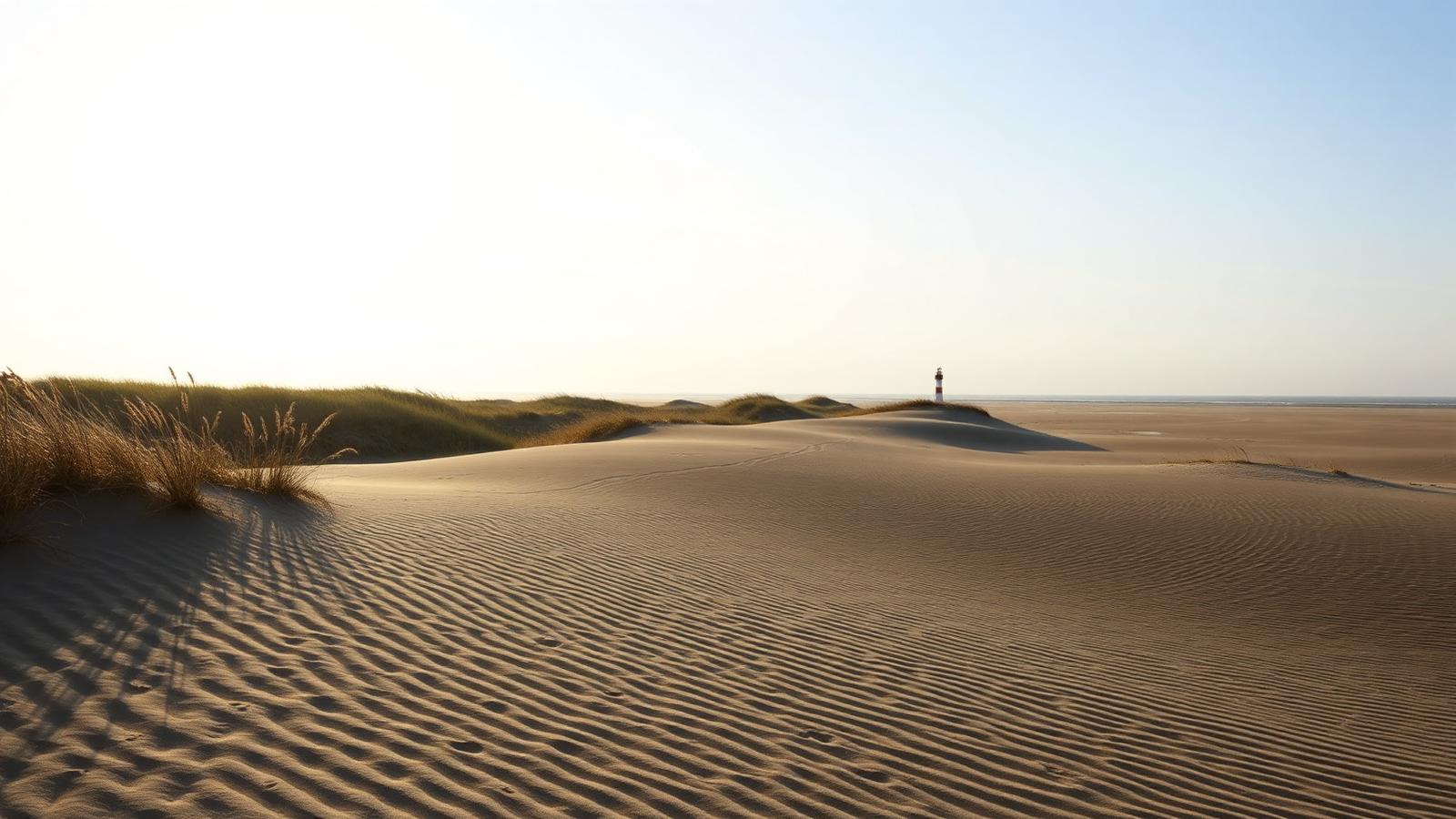 Breed Noordzeestrand met door de wind geribbeld zand en duinen met helmgras op Texel, met een vuurtoren in de verte.