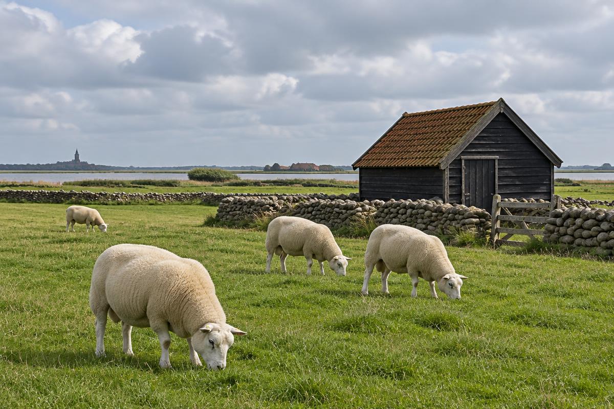 Schapen grazen in een groene Texelse polder bij een donkere houten schapenboet en lage stenen muurtjes onder een bewolkte lucht.