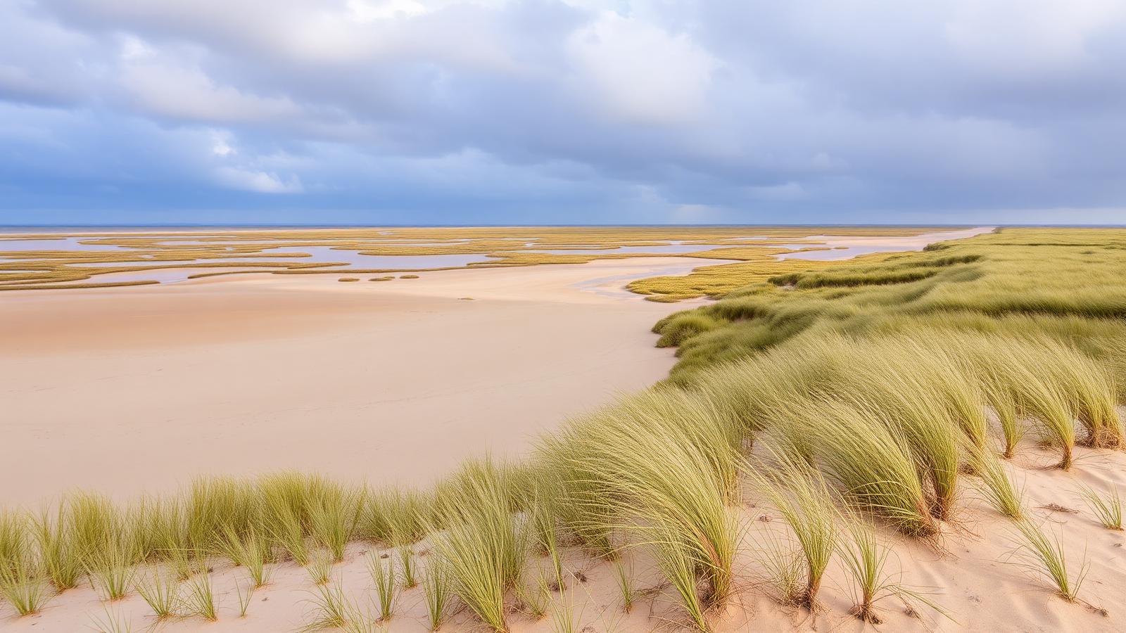 Zilte duinvallei met slikplaten, kwelderplanten en helmgras op Texel onder een brede bewolkte lucht.