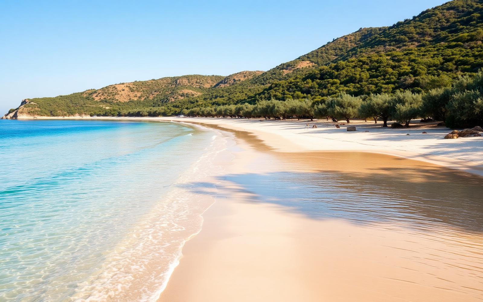 Groene olijfheuvels lopen af naar een rustige kust met helder blauw water bij Tragaki op Zakynthos.