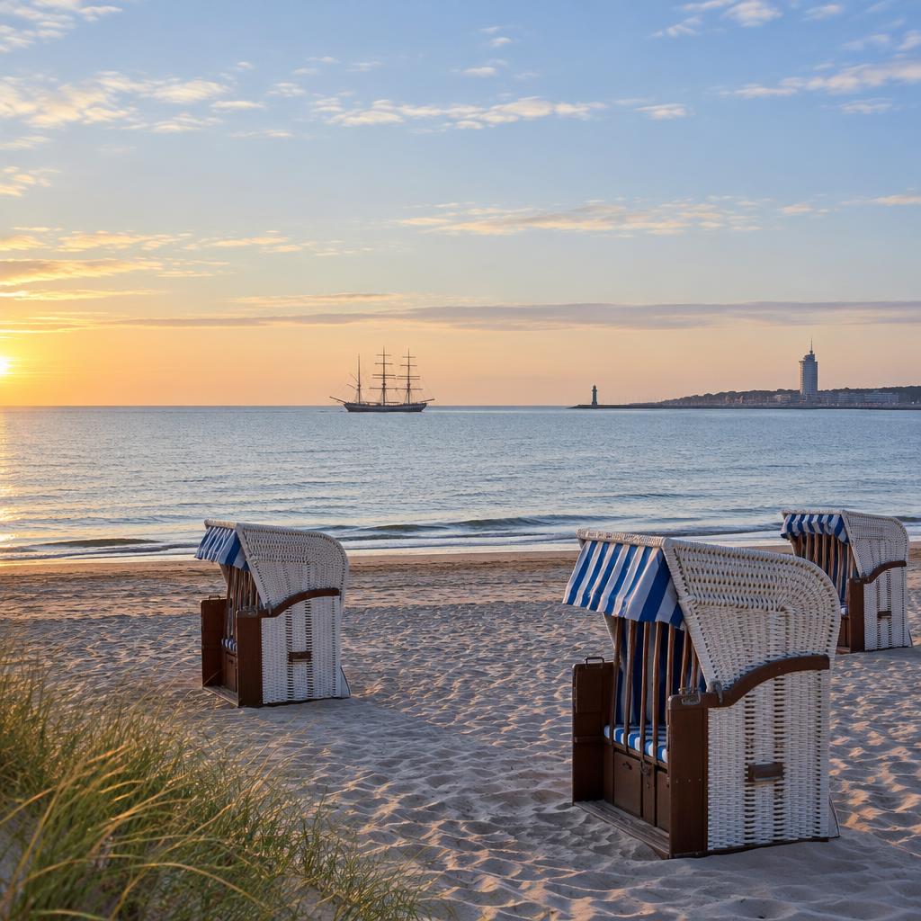 Een zandstrand aan de Oostzee met rieten strandstoelen, een historisch zeilschip op de horizon en een kustplaats in de verte bij zonsondergang.
