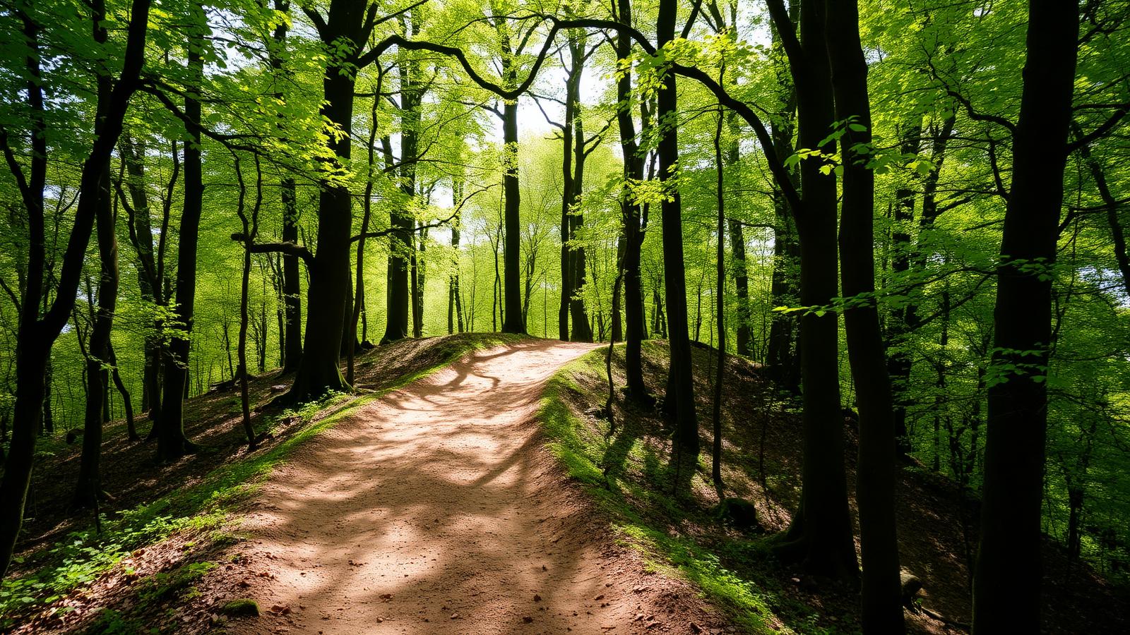 Zandpad dat een beboste heuvel opklimt tussen hoge beuken met fris groen blad op de Utrechtse Heuvelrug.