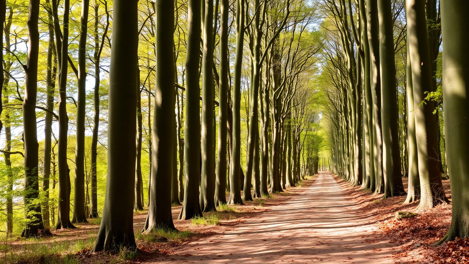 Beukenlaan met hoge grijze stammen en een zandpad op de Utrechtse Heuvelrug in zacht zonlicht.