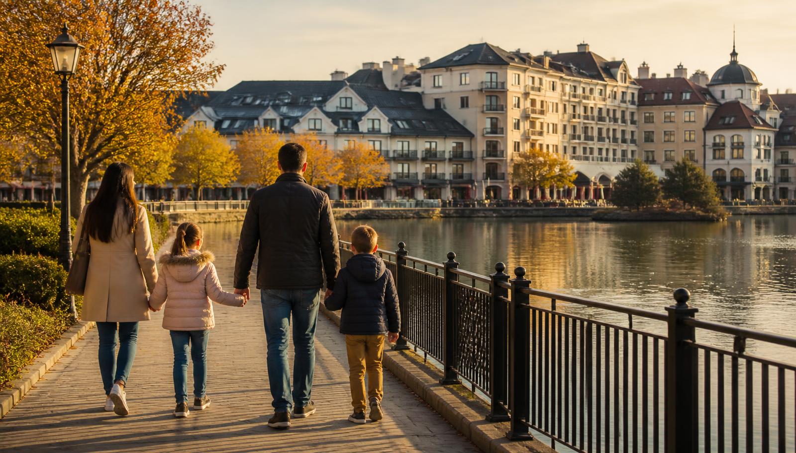 Gezin wandelt langs een meer met hotels en restaurants in het Val d'Europe-gebied bij Marne-la-Vallée.