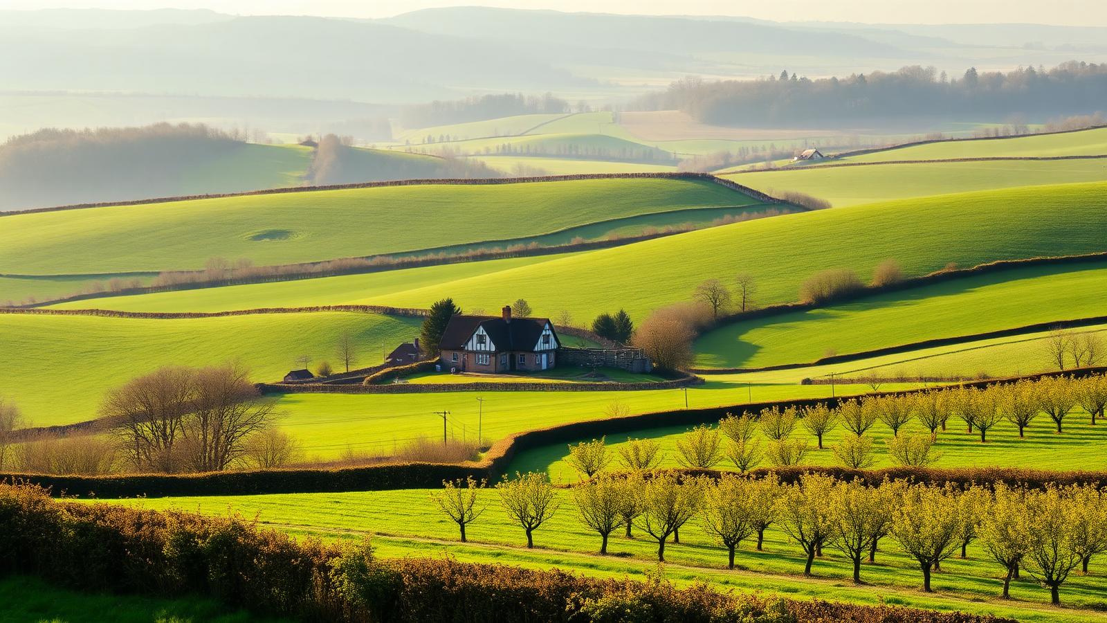 Groene heuvels met houtkanten, een vakwerkboerderij en bloeiende boomgaard in het Zuid-Limburgse heuvelland.