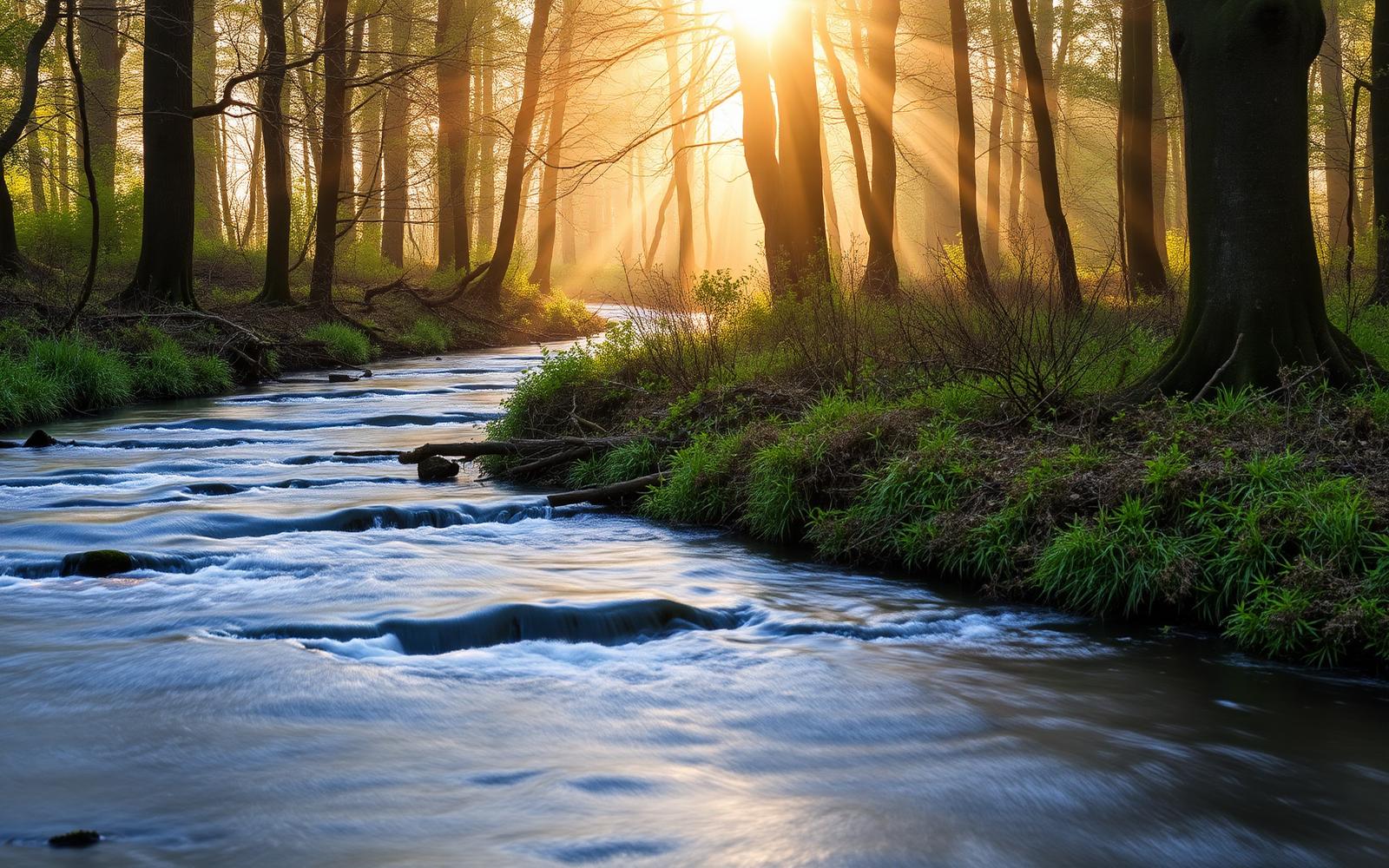 Heldere sprengenbeek door beukenbos met mos en zonlicht tussen de stammen op de Veluwe bij Beekbergen.