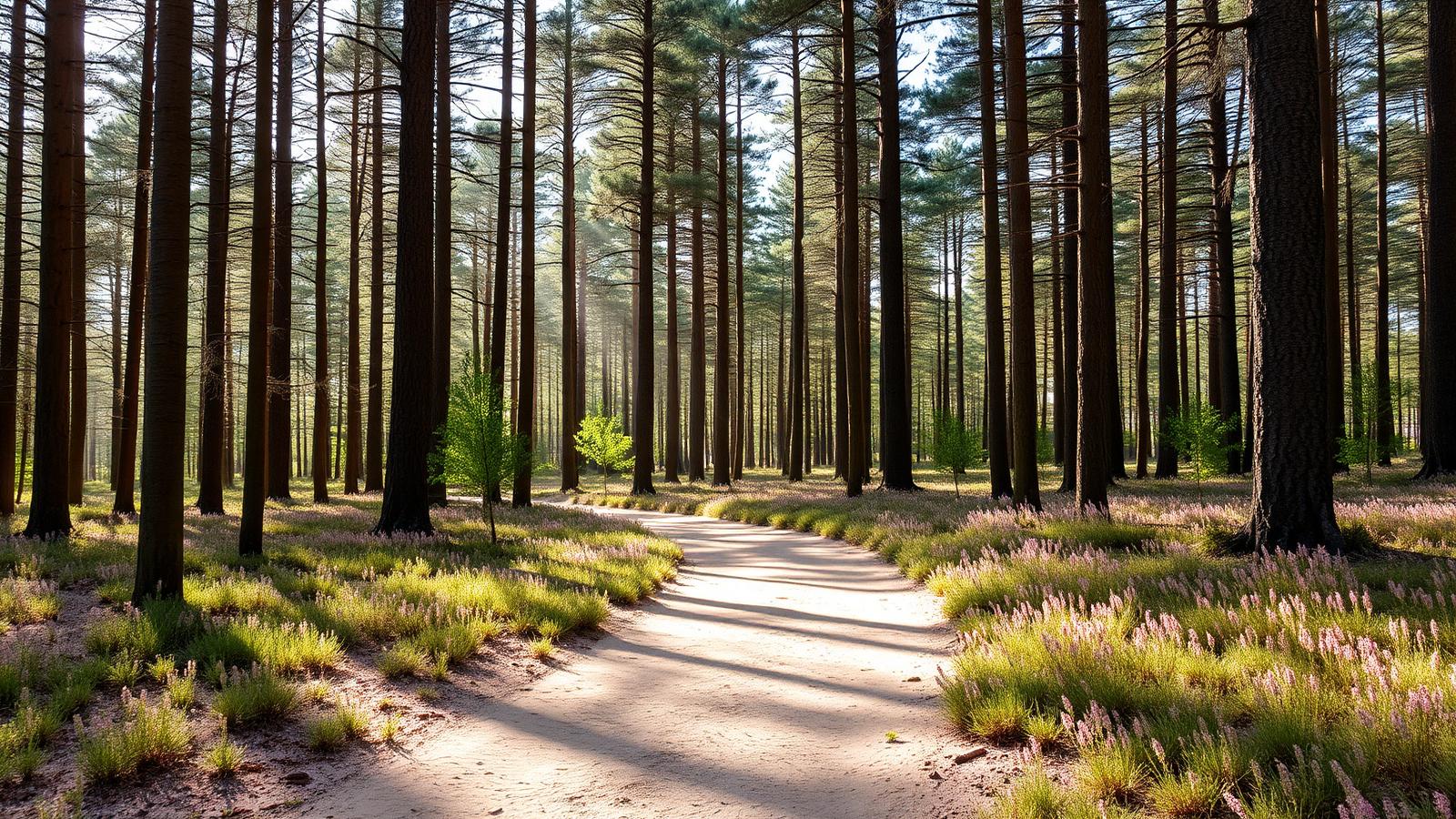 Zandpad door een hoog naaldbos met heide langs de randen op de Veluwe, met strijklicht tussen de stammen.