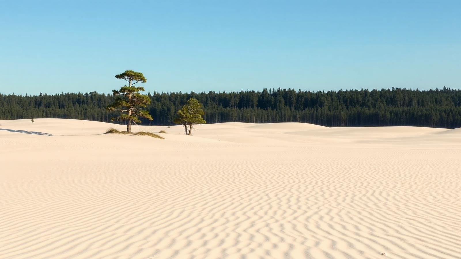 Open zandverstuiving in het Deelerwoud op de Veluwe met windribbels in het zand en losse vliegdennen voor een donkere bosrand.