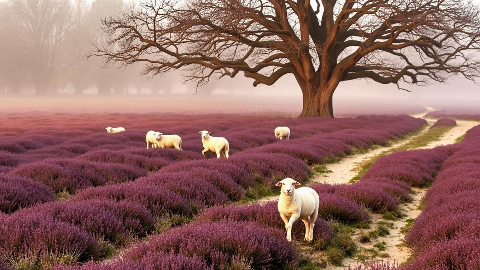 Bloeiende paarse heide met grazende schapen, een oude eik en een zandpad in de ochtendnevel op de Veluwe bij Epe.