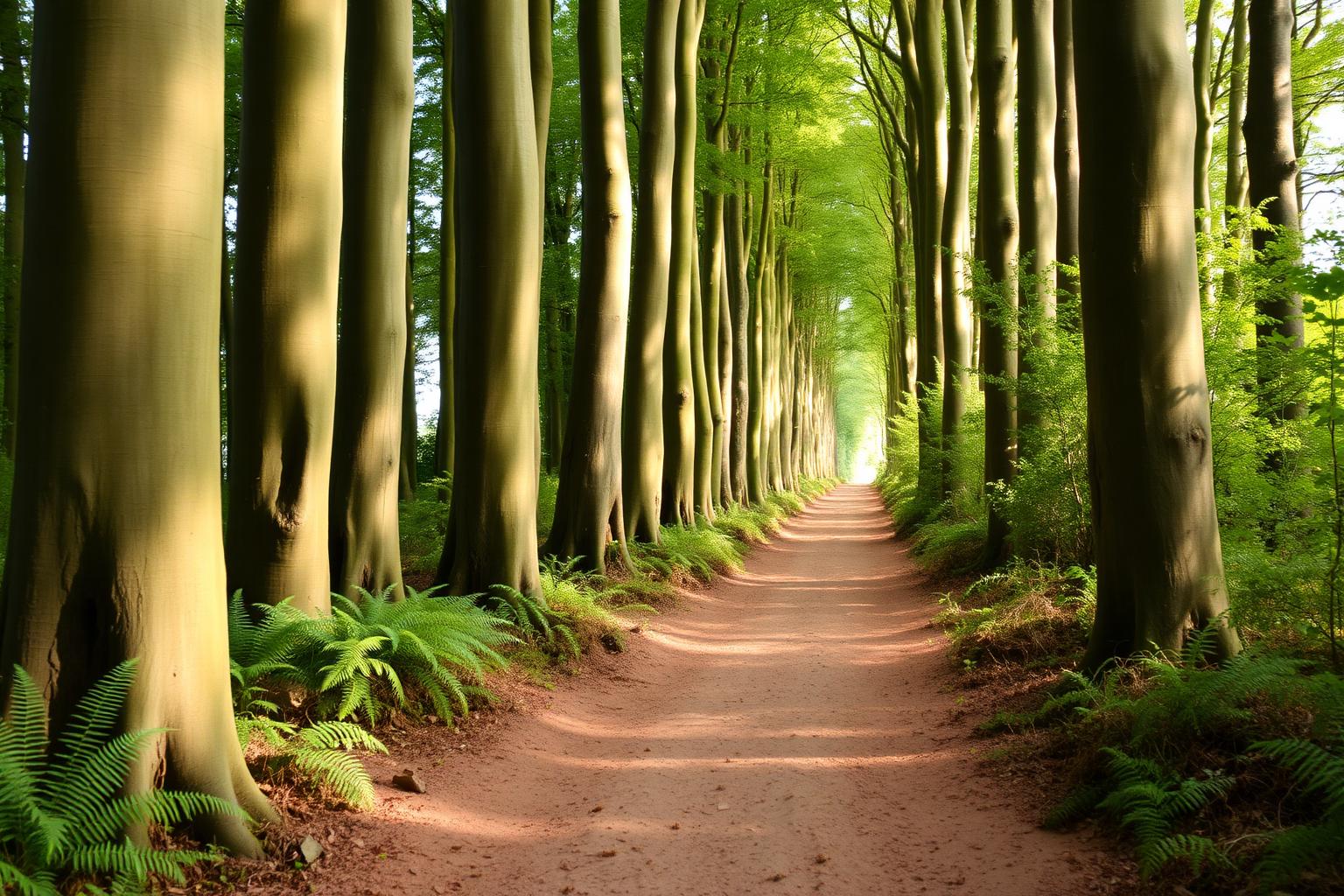 Lange beukenlaan op de Noord-Veluwe met varens langs een zandpad en ochtendlicht tussen de stammen.