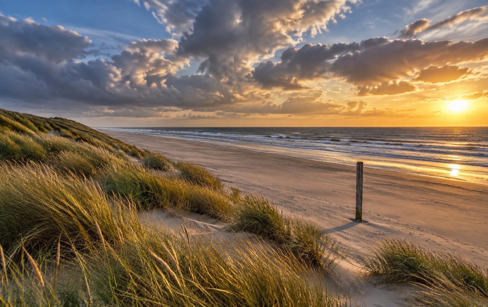 Breed, verlaten Noordzeestrand met wuivend helmgras op de duinen, een houten strandpaal en een dramatische wolkenlucht bij avondzon.