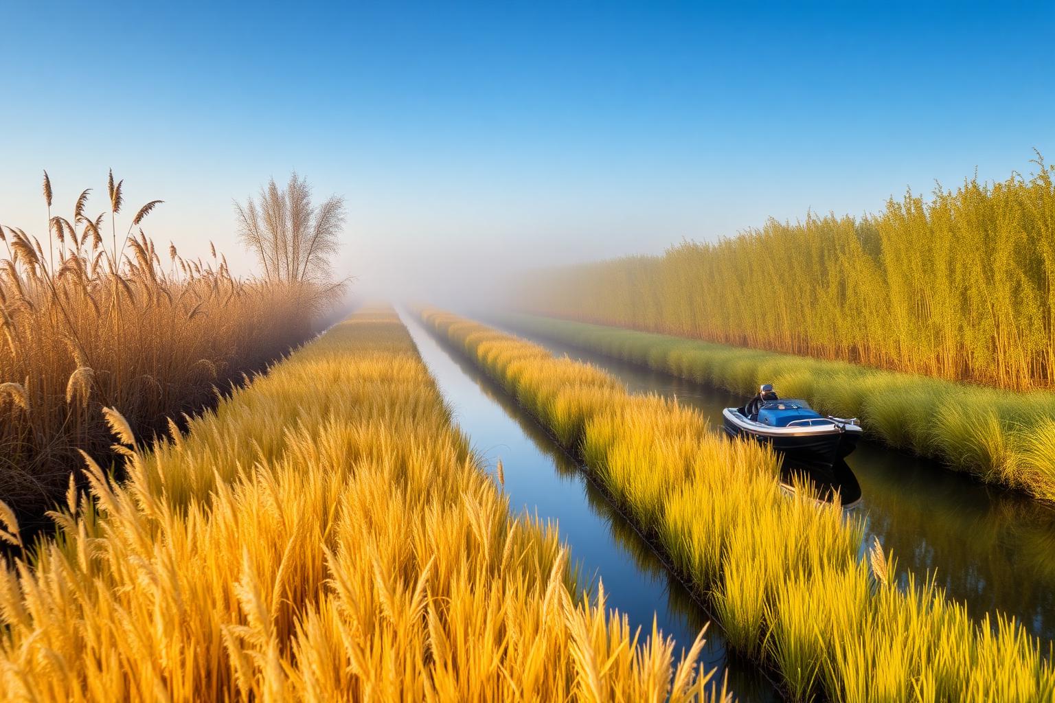 Gouden rietlanden met smalle vaarten in de Weerribben en een kleine fluisterboot op het water bij ochtendmist.