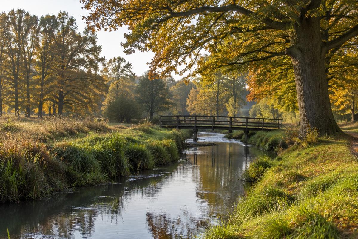 Meanderend beekje met grazige oevers, oude eiken in herfstkleuren en een houten voetgangersbruggetje in zacht licht.