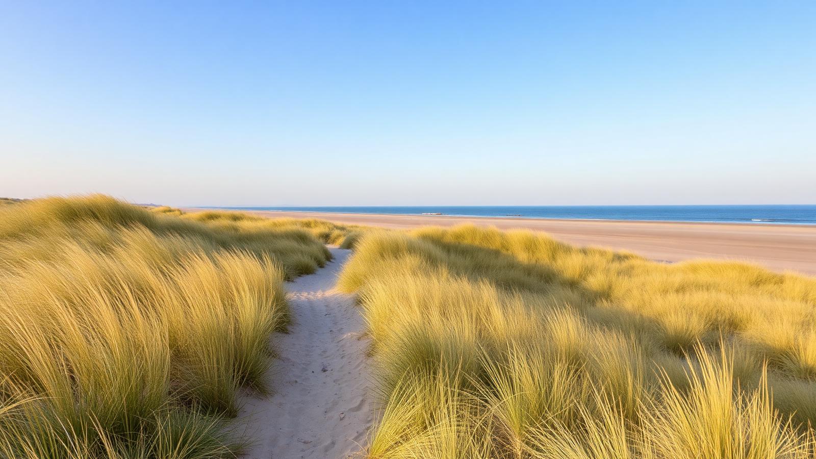 Zandpad door helmgrasduinen naar een breed Noordzeestrand in Zeeland, met kalme zee onder een heldere hemel.
