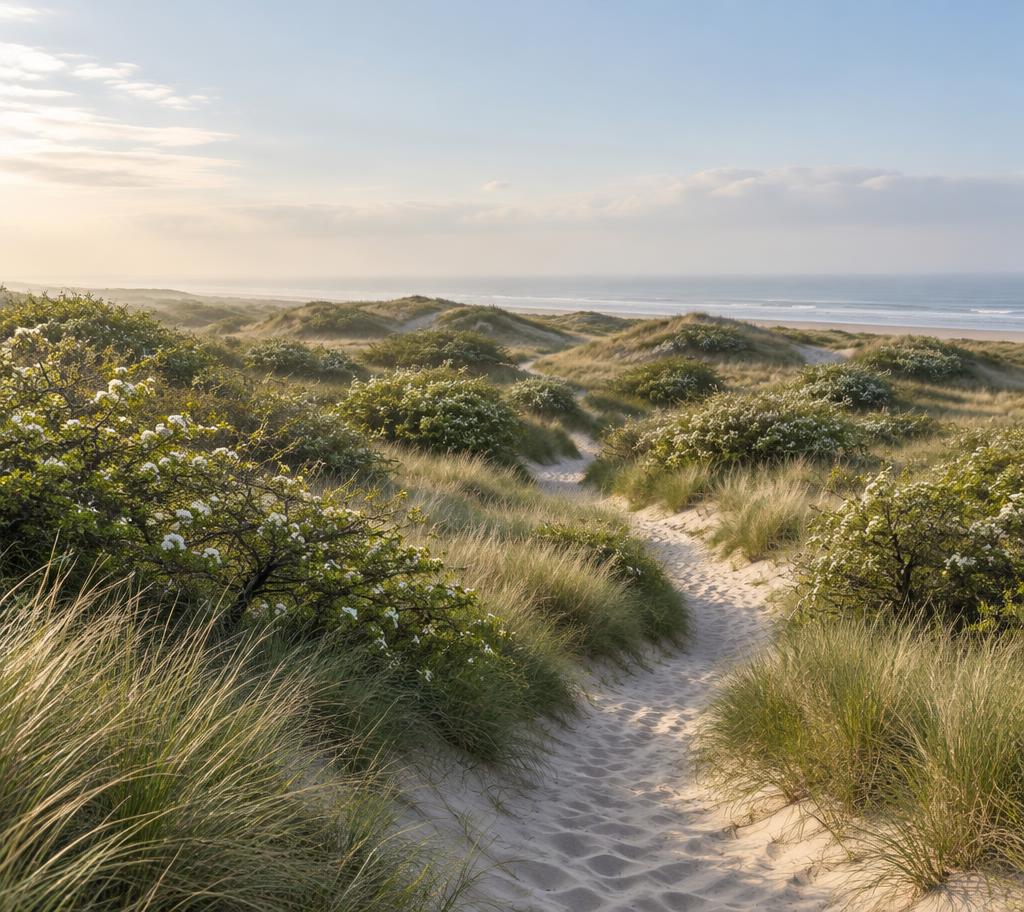 Zandpad dat door helmgrasduinen en bloeiende meidoorn slingert richting een wijde Noordzeekust.