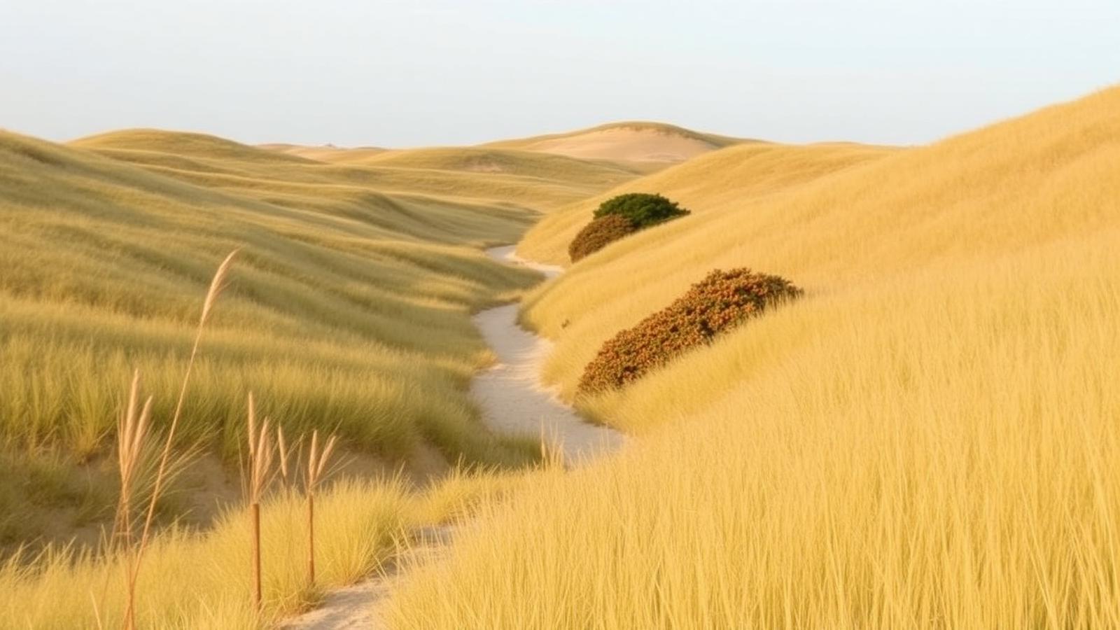 Zandpad dat door golvende duinvalleien met helmgras loopt in de kustduinen van Schouwen in Zeeland.