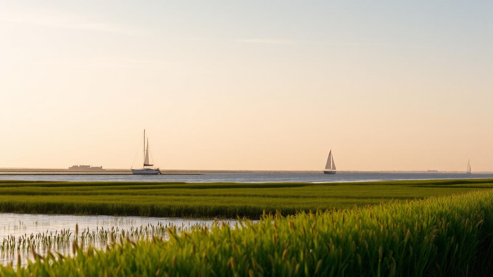 Het Veerse Meer bij Kamperland in avondlicht met zeilboten op het water en rietkragen op de voorgrond.