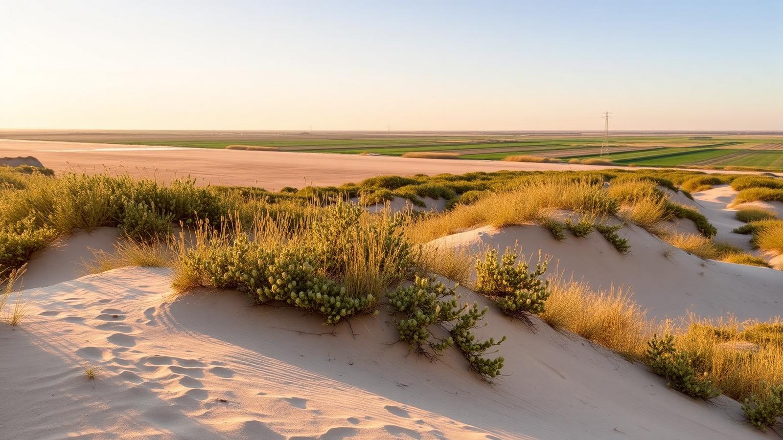 Duinen met duindoorn en helmgras bij Nieuwvliet, met daarachter het Zeeuws-Vlaamse polderland in warm avondlicht.