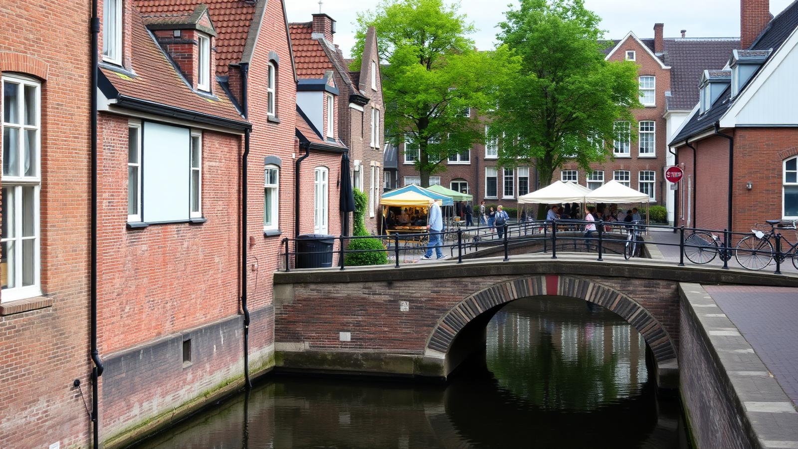 Gracht in Gouda met bakstenen trapgevels, een stenen boogbrug en marktkramen op de achtergrond.