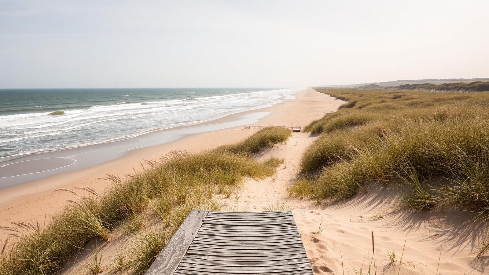 Breed Noordzeestrand met branding, helmgras op de duinen en een houten strandpad in helder kustlicht.