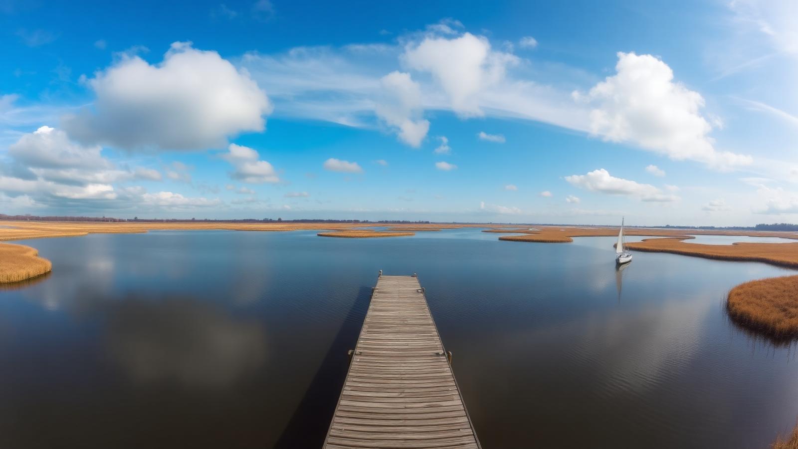 Reeuwijkse Plassen met rietkragen, een houten steiger en een klein zeilbootje onder een Hollandse wolkenlucht.